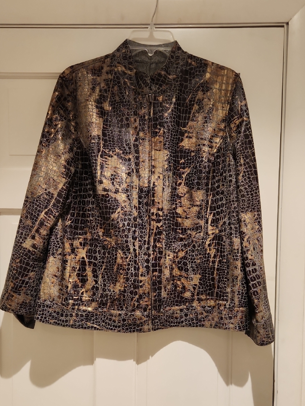 Chico's Black and Gold Croc-Embossed Zip Up Jacket